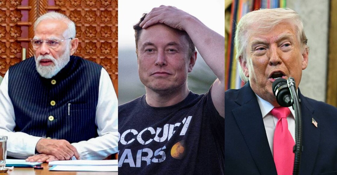 Indian Prime Minister Narendra Modi, Elon Musk and US president Donald Trump. Photo: PTI, AFP, Reuters