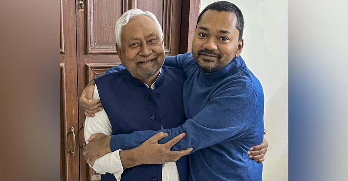 Bihar Chief Minister Nitish Kumar with his son Nishant Kumar at his official residence in Patna. Photo: PTI