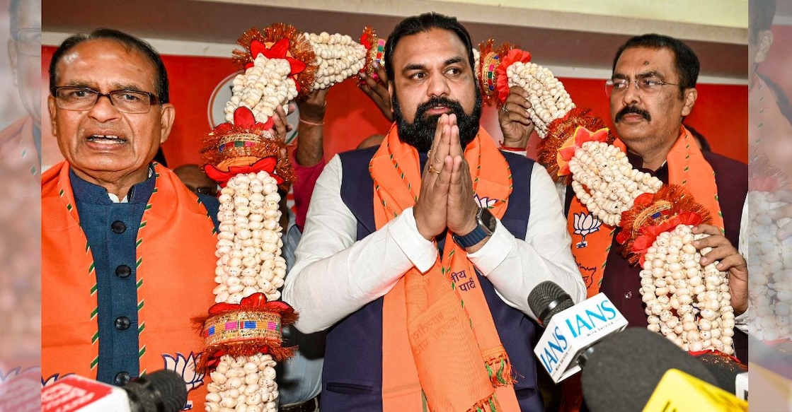 A file photo of Samrat Choudhary (Middle), along with Union Minister Shivraj Singh Chouhan (L) and others, during a BJP legislature meeting. Photo: PTI