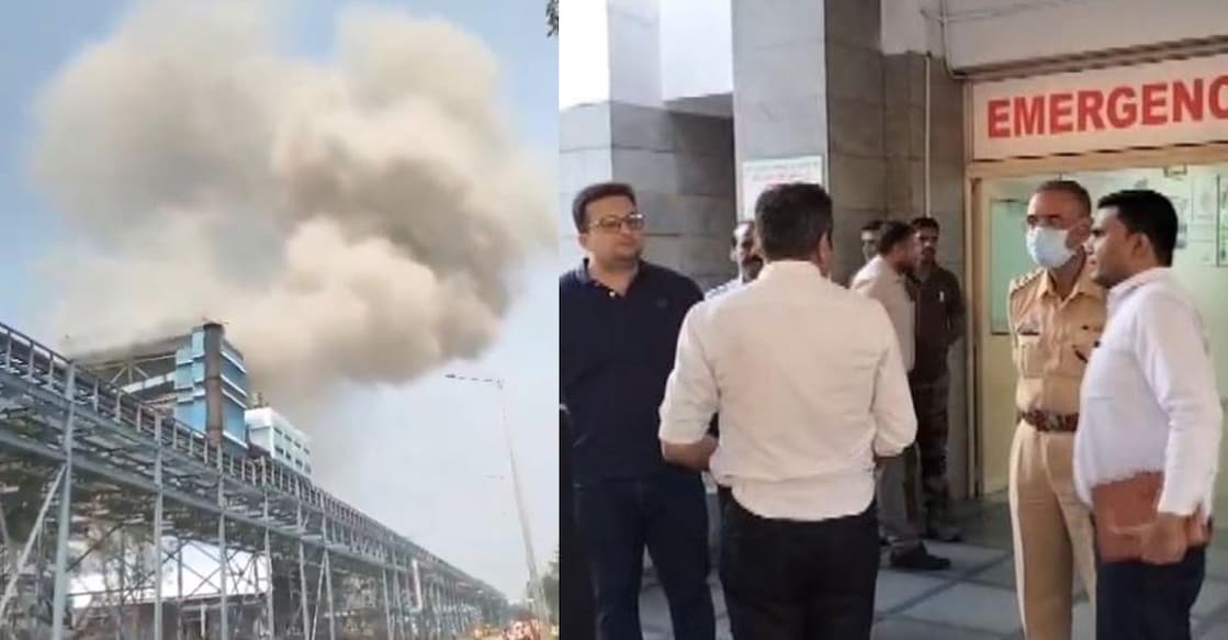 A combination image showing smoke rising from Vedanta's plant (L) and the hospital in which the injured were taken to. Photo: X/@ani_digital