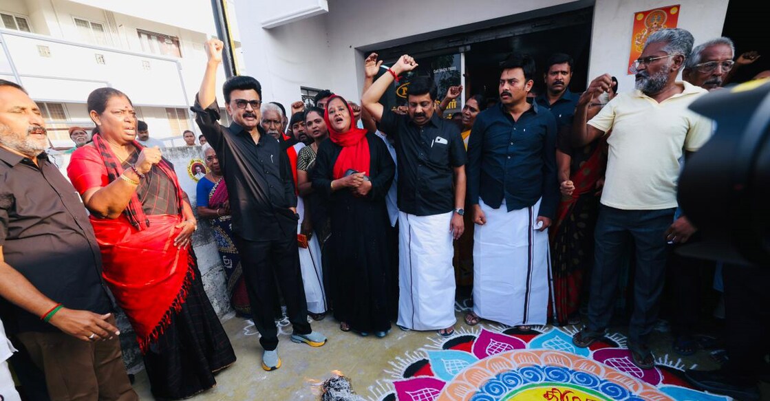 Tamil Nadu Chief Minister MK Stalin during a protest against the proposed Delimitation bill, in Namakkal, Tamil Nadu. Photo: PTI