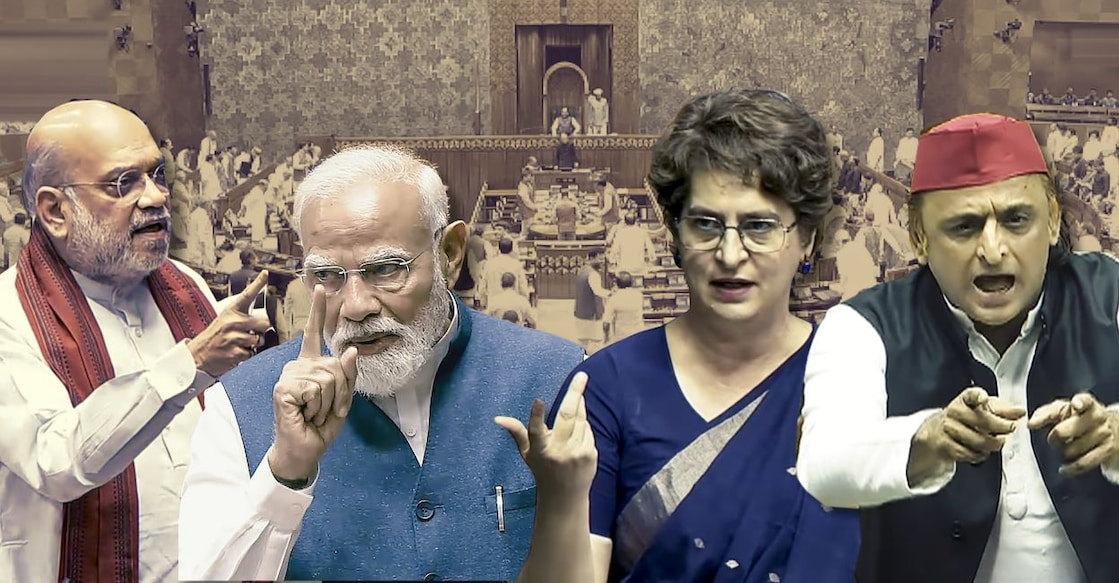 Home Minister Amit Shah, Prime Minister Narendra Modi, Priyanka Gandhi, Akhilesh Yadav. Image: Onmanorama