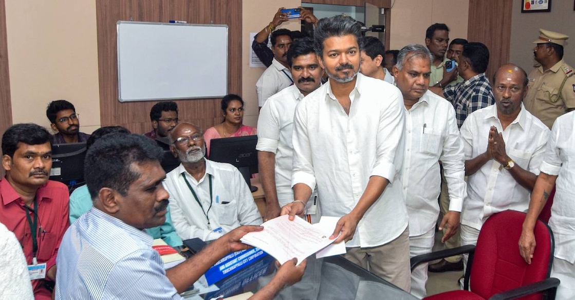 Tamilaga Vettri Kazhagam (TVK) chief and candidate from the Tiruchirappalli East constituency, Vijay, submits his nomination for Tamil Nadu Assembly elections, in Tiruchirappalli. Photo: PTI