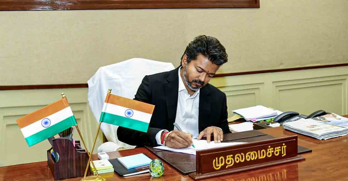 Tamilaga Vettri Kazhagam (TVK) chief C Joseph Vijay signs documents as he takes charge as Tamil Nadu Chief Minister, at the Secretariat, in Chennai, Sunday, May 10, 2026. Photo: PTI