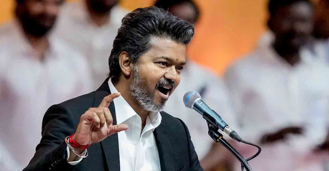 Tamilaga Vettri Kazhagam (TVK) chief C Joseph Vijay takes oath as the Tamil Nadu Chief Minister during the swearing-in ceremony, at Jawaharlal Nehru Stadium, in Chennai, Sunday, May 10, 2026. Photo: PTI