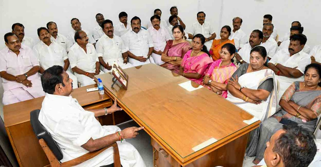 In this image posted on May 6, 2026, All India Anna Dravida Munnetra Kazhagam (AIADMK) General Secretary Edappadi K. Palaniswami holds a consultative meeting of party Legislative Assembly members elected to the 17th Tamil Nadu Assembly. Photo: @AIADMKOfficial/X