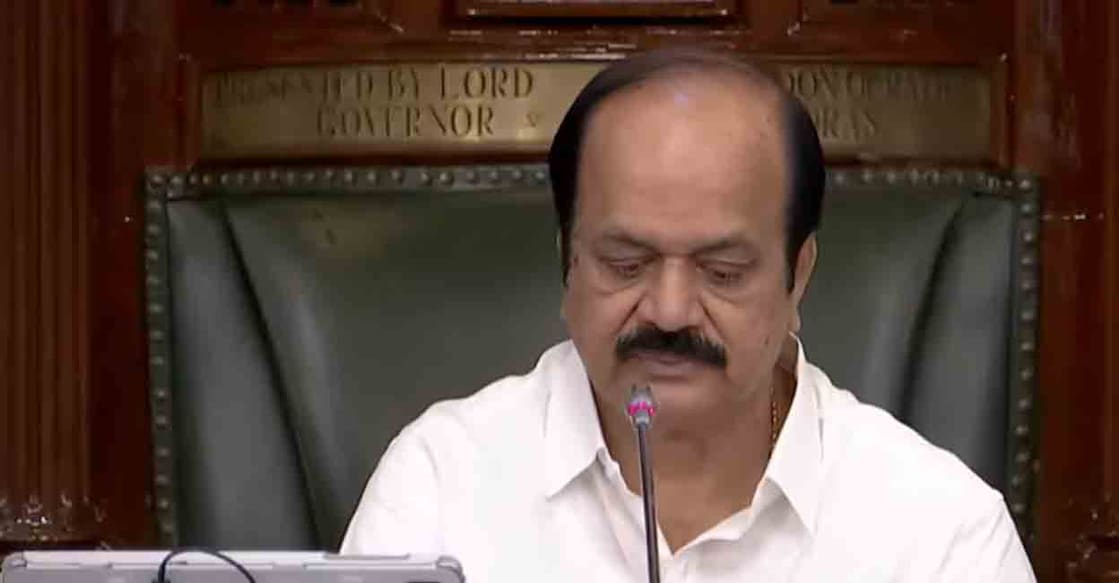 Tamilaga Vettri Kazhagam (TVK) legislator JCD Prabhakar elected Speaker. Photo: Screengrab/YouTube