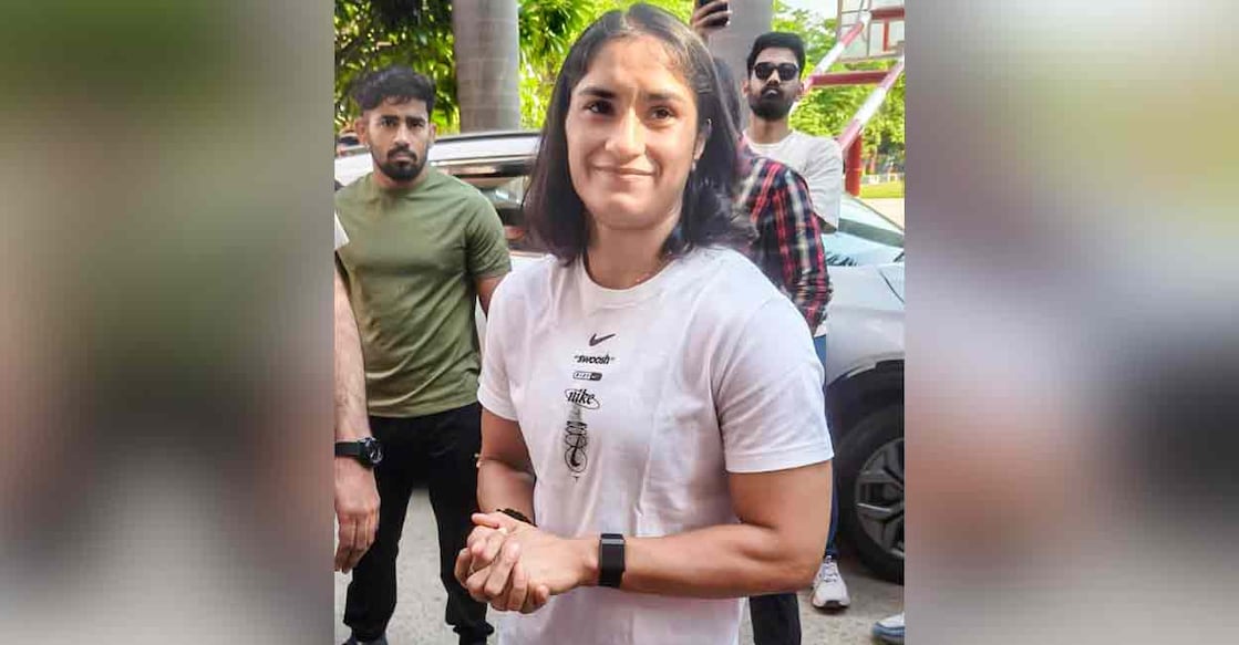 Wrestler Vinesh Phogat arrives at the venue of the National Open Ranking Wrestling Tournament amid a row over her eligibility and the Wrestling Federation of India's show-cause notice, in Gonda, Uttar Pradesh, Monday, May 11, 2026. Photo: PTI