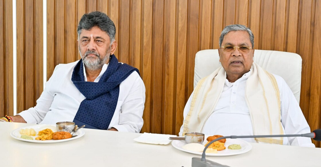 Karnataka Chief Minister Siddaramaiah and Deputy Chief Minister DK Shivakumar during a breakfast meeting at the Chief Minister's official residence, in Bengaluru. Photo: PTI.
