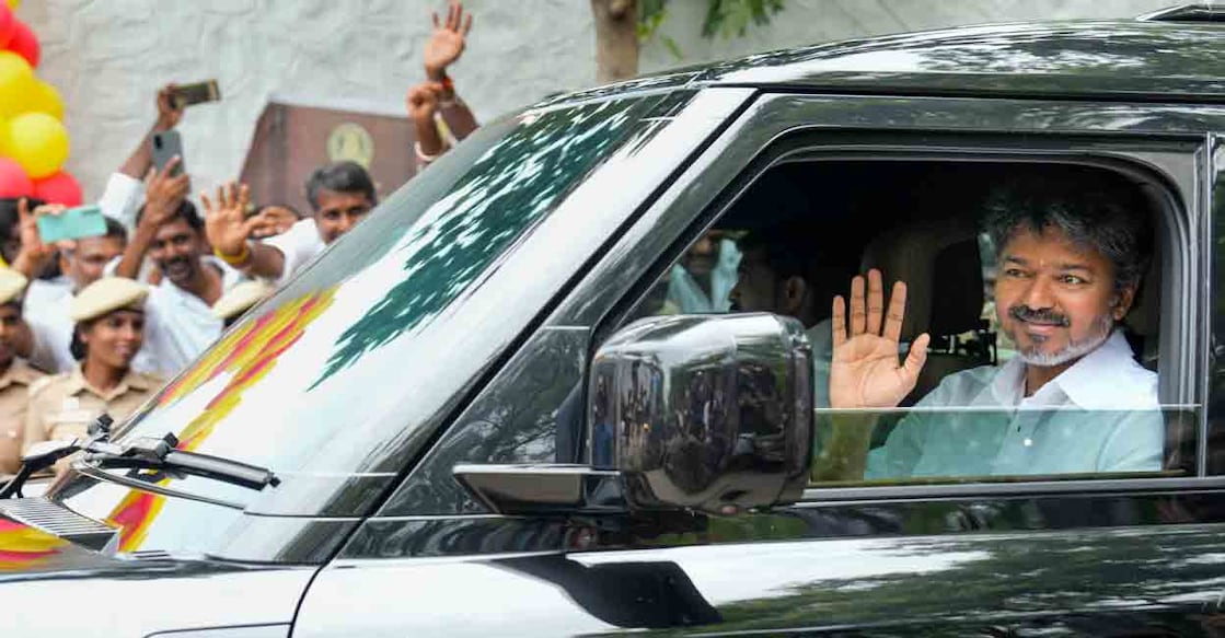 Tamilaga Vettri Kazhagam (TVK) chief Vijay arrives at the party headquarters after he wins the Tamil Nadu Assembly elections, at Panaiyur, in Chennai, Tuesday, May 05, 2026. Photo: PTI