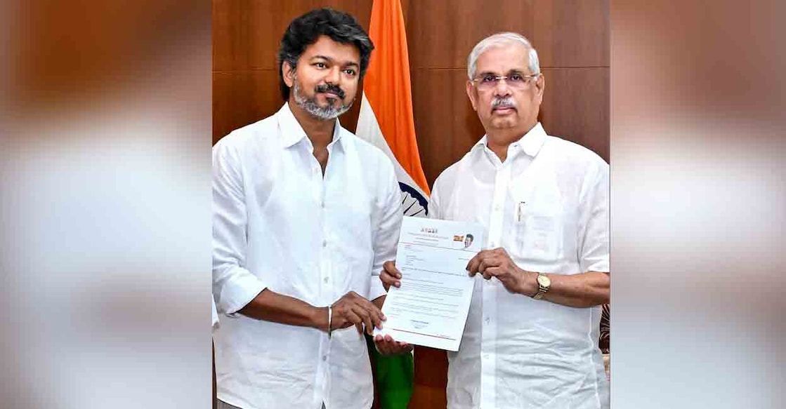 Tamil Nadu Governor Rajendra Arlekar with Tamilaga Vettri Kazhagam (TVK) chief Vijay during a meeting, at Lok Bhavan, in Chennai, Wednesday, May 6, 2026. Photo: PTI
