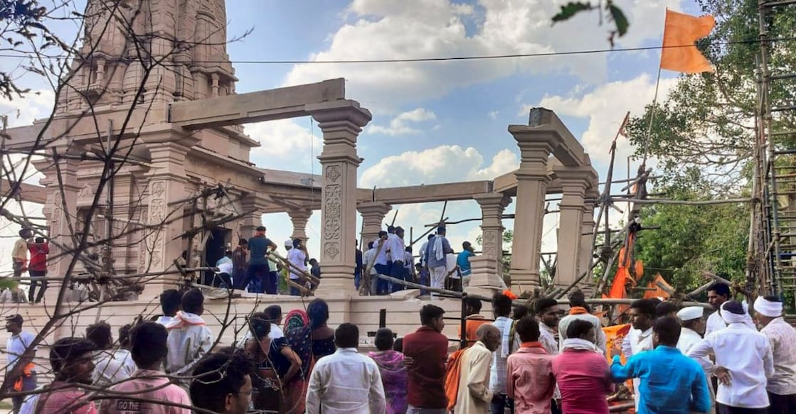 People gather after the under-construction roof of a Hanuman temple collapsed at Yashwadi village, killing at least five persons and injuring several others, in Parbhani district, Maharashtra. Photo: @SunetraA_Pawar/X