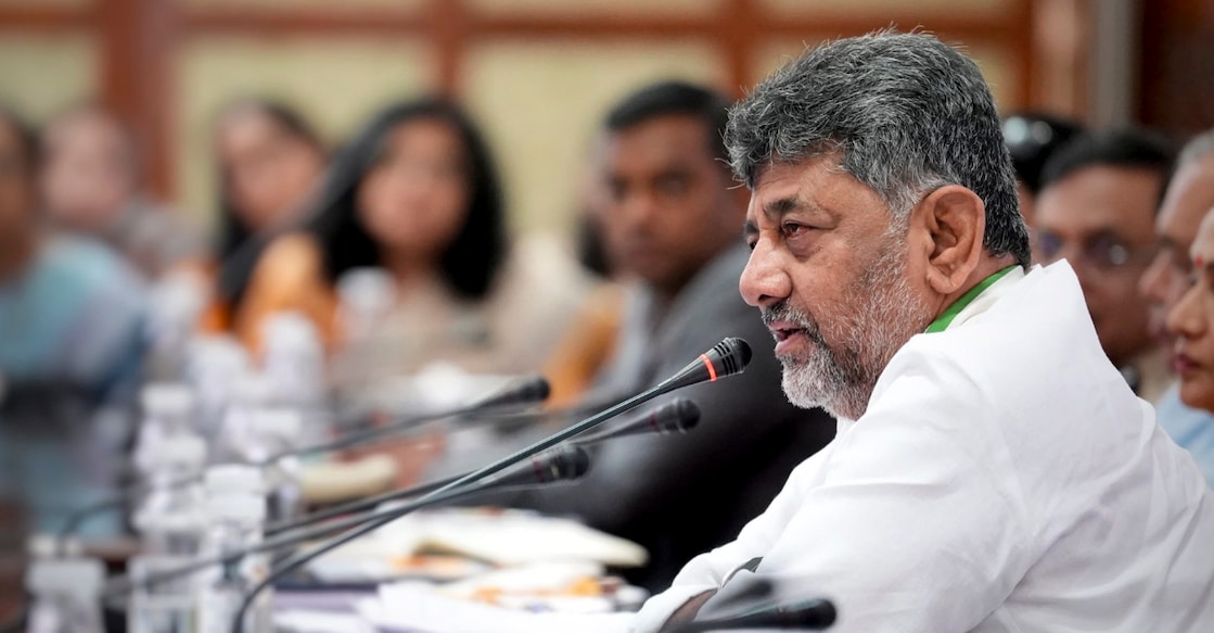 Karnataka Chief Minister DK Shivakumar addresses a high-level review meeting with Additional Chief Secretaries, Principal Secretaries, and senior police officers, at Vidhana Soudha, in Bengaluru. Photo: PTI.