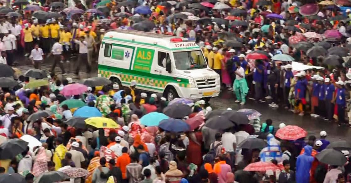 An ambulance carries injured devotees to hospital after a stampede-like situation broke out during the Jagannath Rath Yatra, in Puri. Photo: PTI