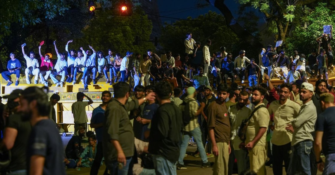 Cockroach Janata Party (CJP) supporters raise slogans during a protest at the Jantar Mantar, in New Delhi, early Thursday, July 23, 2026. Photo: PTI.