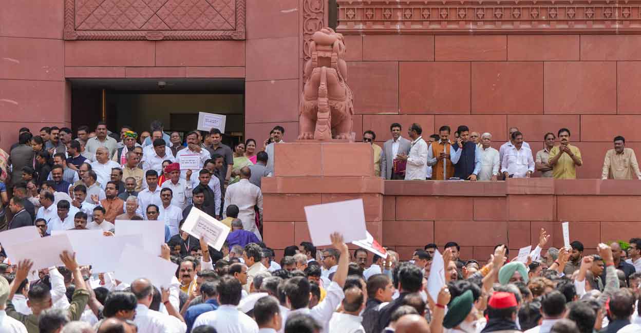 Ruling party MPs stage a protest, amid the ongoing Monsoon session of Parliament, in New Delhi, Thursday, July 23, 2026. Photo: PTI