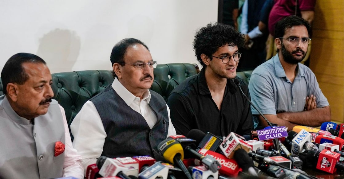 Union Ministers JP Nadda and Jitendra Singh with CJP Spokespersons Saurav Das and Ashutosh Ranka, during a joint press conference after Education Minister Dharmendra Pradhan resigned from the Union Cabinet. Photo: PTI