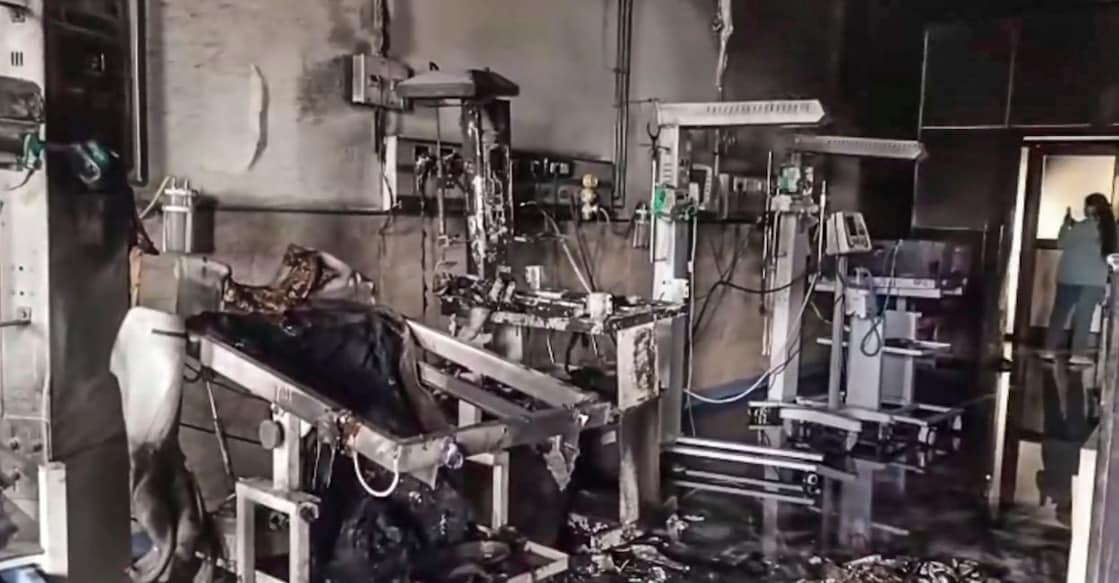 Charred remains of medical equipment are seen after a fire in the Neonatal Intensive Care Unit (NICU) of a government hospital killed at least three newborns in Amravati district, Maharashtra. Photo: PTI. 