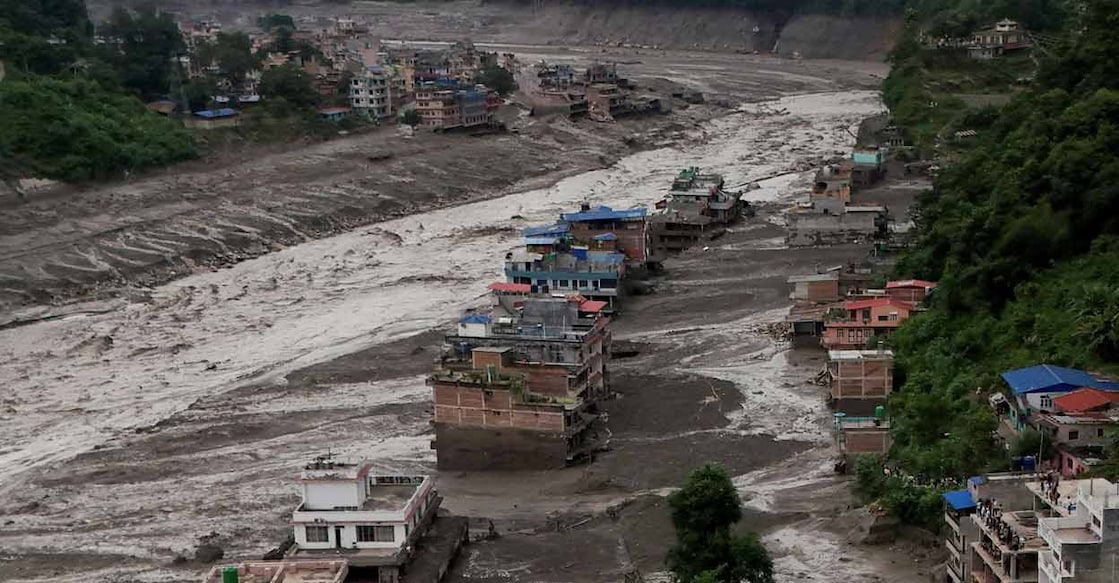 A drone view of mud-covered properties following a flash flood at Trishuli in Nuwakot district, Nepal, August 26, 2026. Photo: REUTERS/Navesh Chitrakar 
