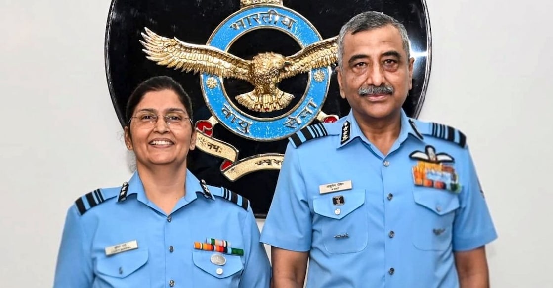 Air Vice Marshal Shakti Sharma, left, assumes the appointment of Assistant Chief of the Air Staff (Education), becoming the first woman officer from the non-medical branch of the Indian Armed Forces to attain the rank of Air Vice Marshal or equivalent. Photo: PTI.