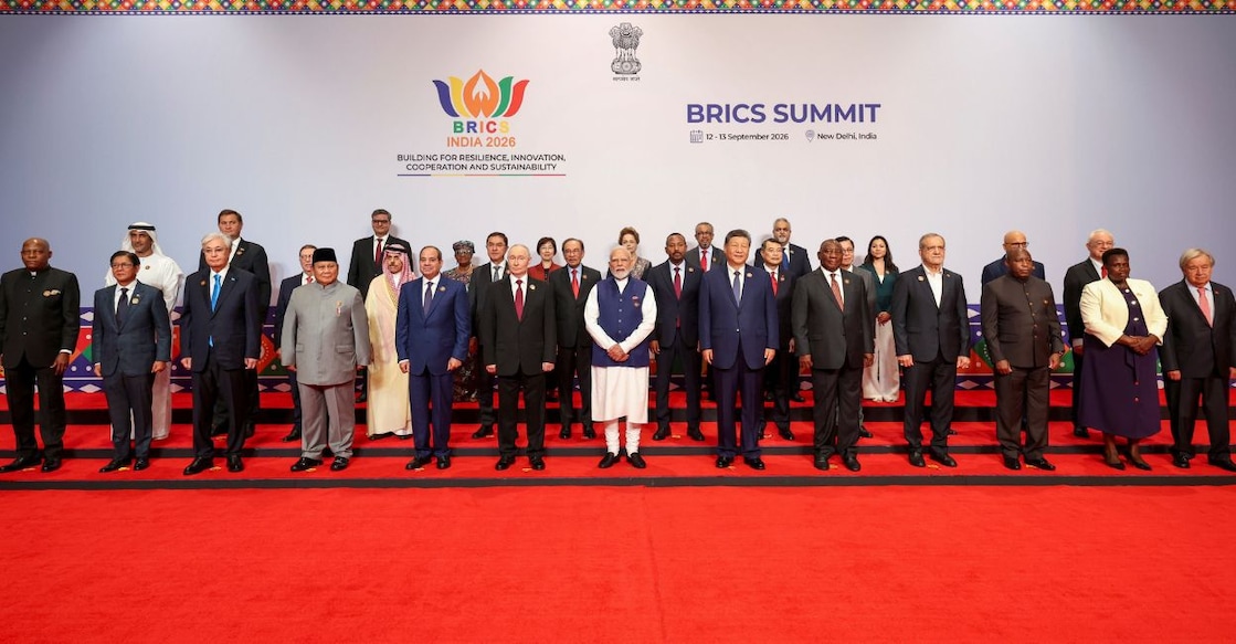 Prime Minister Narendra Modi and other world leaders pose for a group photograph at Bharat Mandapam on the second day of the BRICS Summit 2026, in New Delhi. Photo: PTI.  