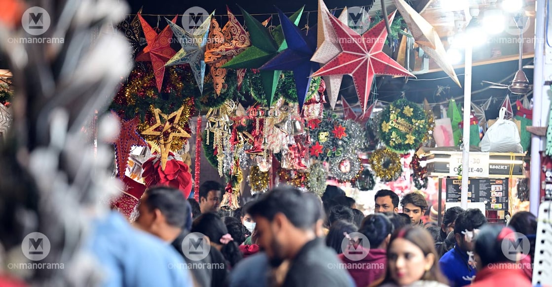 Stars, bells, and other Christmas decorations displayed at a market. File Photo: Manorama. 
