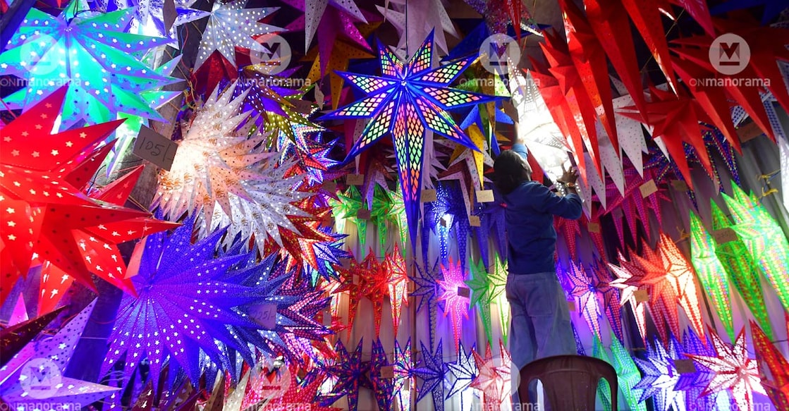 Stars in various colours are hanging in a market. File photo: Manorama. 