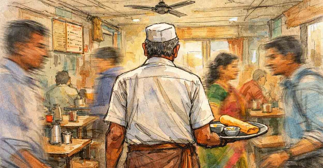 This is an AI-generated image of old waiter in a dynamic world. 