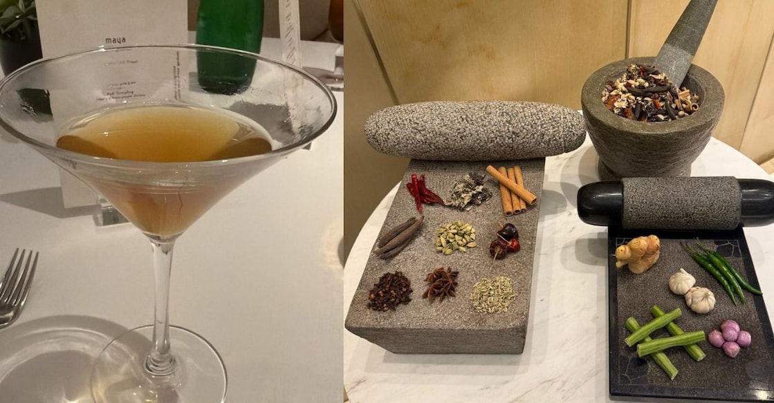 The chilled rasam in a martini glass and entrance decor from Avartana at ITC Maurya in Delhi. Photos: Susan Thomas. 