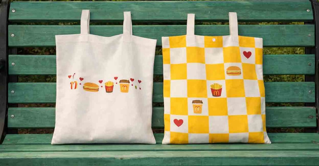 This is an AI-edited image of McDonalds India merch-tote bags. 