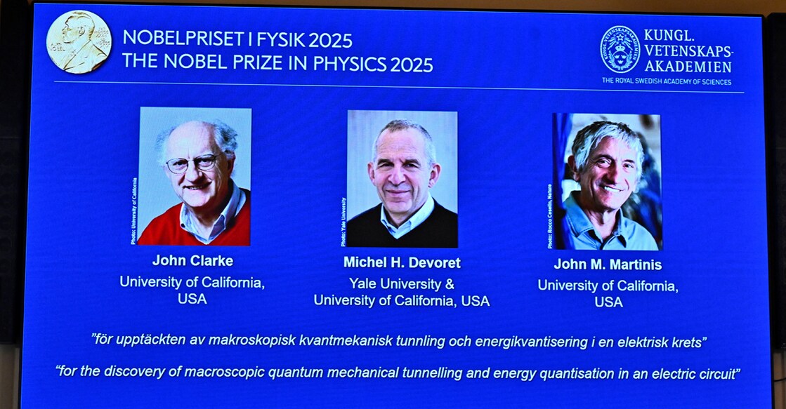 John Clarke, Michel H. Devoret and John M. Martinis are announced this year's Nobel Prize winners in Physics, by the Royal Swedish Academy of Sciences at a press conference in Stockhom. Photo: Reuters