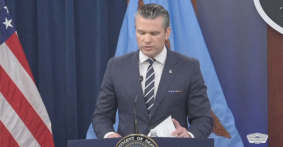 Secretary of Defence Pete Hegseth holds a briefing at the Pentagon after the US struck Iranian nuclear facilities. Photo: Reuters TV/US Department of Defence