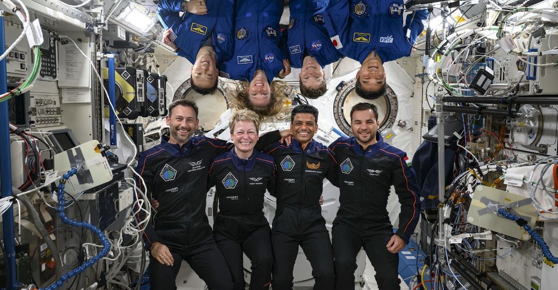 Article Image-Haritha - 4 Astronaut Shubhanshu Shukla with crew members of the Axiom-4 mission and International Space Station (ISS). Photo: @JonnyKimUSA on X via PTI