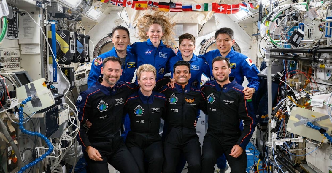 shubanshu-shukla-space In this image posted by @JonnyKimUSA via X on July 14, 2025, astronaut Shubhanshu Shukla with crew members of the Axiom-4 mission and International Space Station (ISS). Photo: PTI