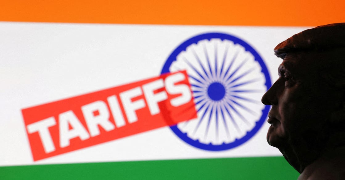 A 3D-printed miniature model of US President Donald Trump, the Indian flag and the word "Tariffs" are seen in this illustration. Photo: Reuters
