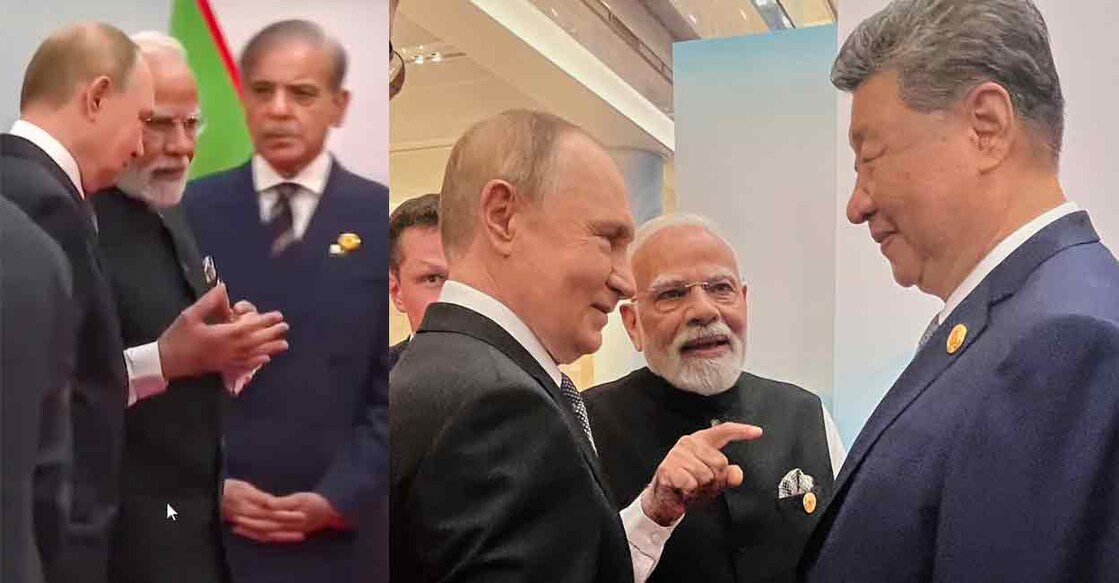 Prime Minister Narendra Modi with Russian President Vladimir Putin and Chinese President Xi Jinping sharing a light moment on the sidelines of the 25th SCO Heads of State Council Summit in China (right). Pakistan Prime Minister Shehbaz Sharif is seen on the sidelines (left). Photo: PTI