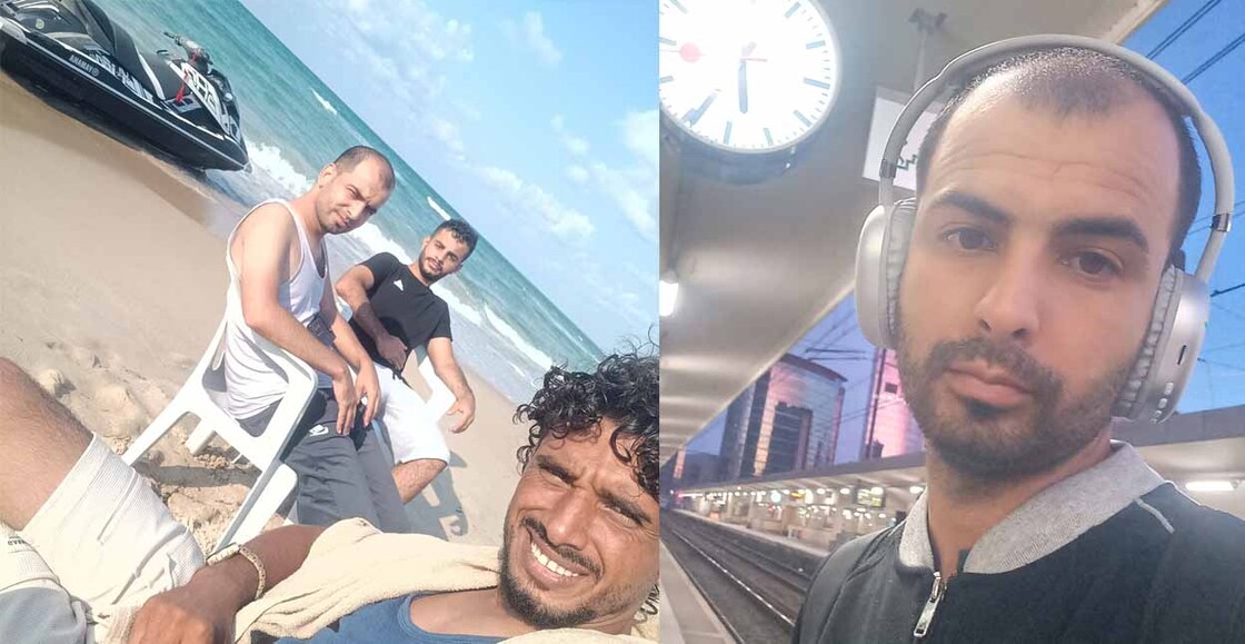 Muhammad Abu Dakha, a 31-year-old Palestinian from Gaza, with two other Palestinian migrants near Khums, Libya, August 17, 2025 ; Abu Dakha at the train station in Brussels, Belgium, August 25, 2025,
Photo: Reuters