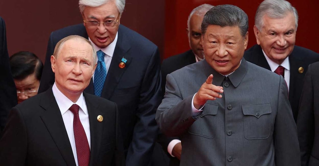 Russian President Vladimir Putin, Kazakh President Kassym-Jomart Tokayev, Chinese President Xi Jinping and Uzbek President Shavkat Mirziyoyev arrive for a military parade marking the 80th anniversary of the end of World War Two, in Beijing, China September 3, 2025. Sputnik/Alexander Kazakov/Pool via REUTERS