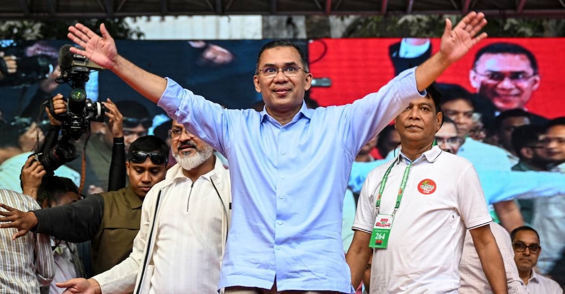 Bangladesh Nationalist Party (BNP) Chairman Tarique Rahman arrives to address an election rally ahead of the country's general election in Dhaka. Photo: AFP