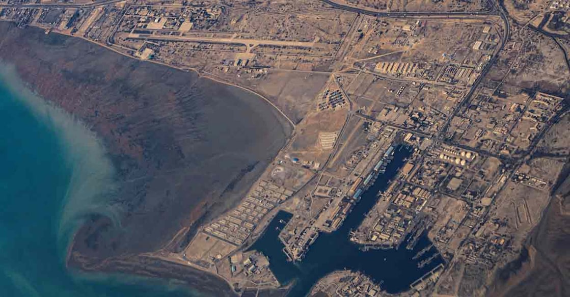 An aerial view of the Iranian shores and Port of Bandar Abbas in the strait of Hormuz, December 10, 2023. File Photo: REUTERS/Stringer