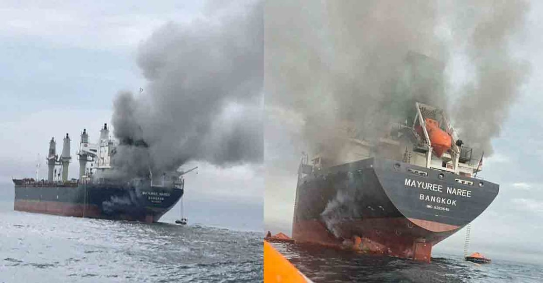 The Thailand-flagged cargo ship Mayuree Naree engulfed in black smoke in the Strait of Hormuz, March 11, 2026. Photo: ROYAL THAI NAVY/Handout via REUTERS
