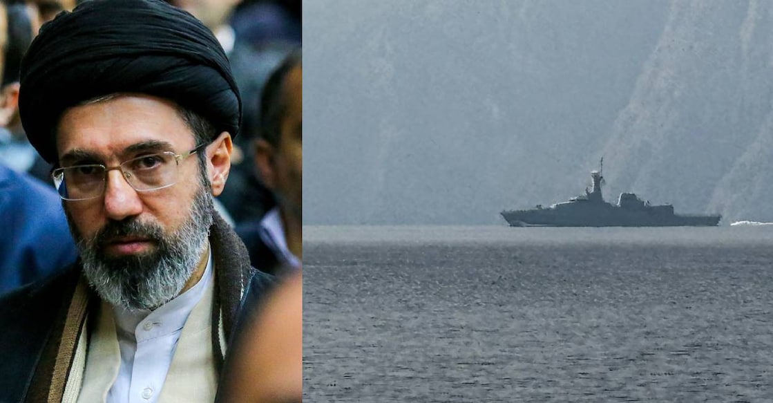 Iran's supreme leader Ayatollah Mojtaba Khamenei (L) and a navy vessel sailing in the Strait of Hormuz (R). Photo: AFP