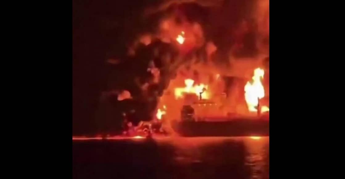 This video grab taken from UGC images posted on social media on March 12, 2026, shows two oil tankers on fire off the coast of Iraq. Photo: AFP