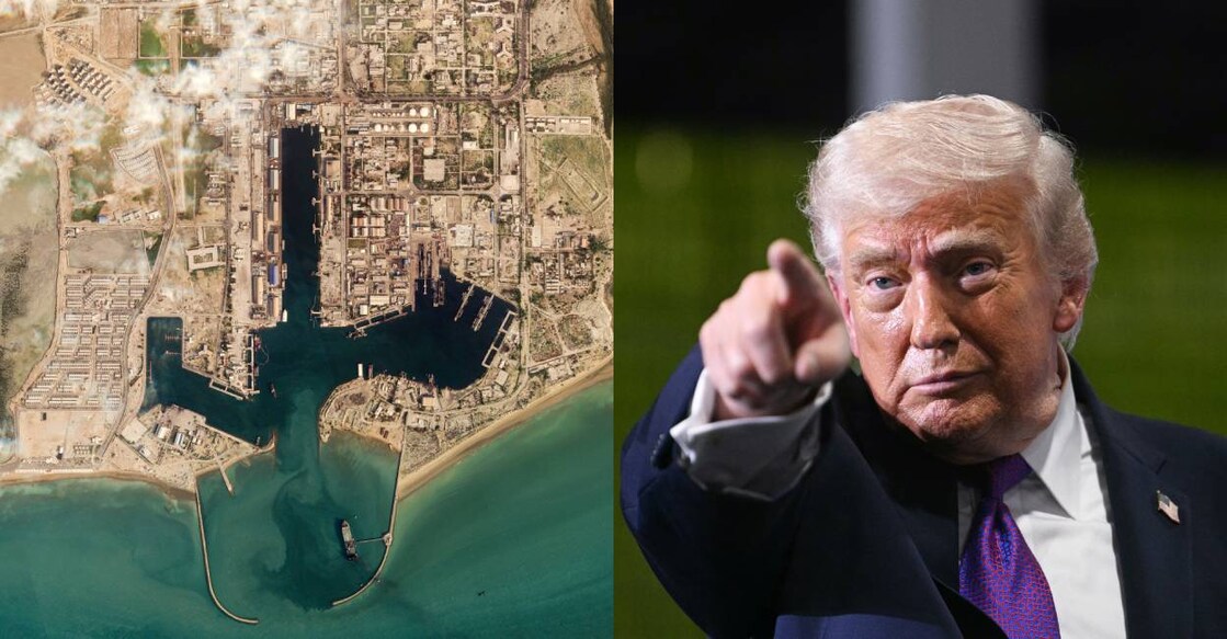 An aerial view of Strait of Hormuz (L) and US president Donald Trump (R). Photo: AFP