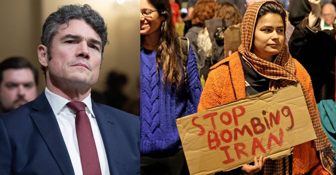 Joseph Kent, the director of the National Counterterrorism Center (NCTC) (L) and a woman protests against war in Iran. Photo: AFP
