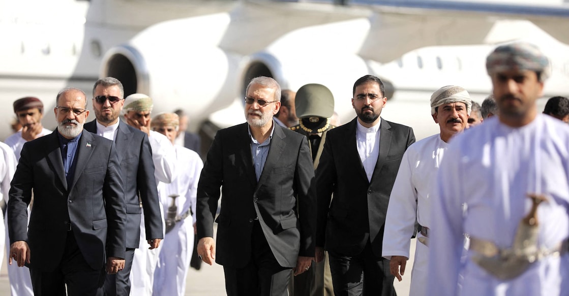 Secretary of the Supreme National Security Council Ali Larijani (C) arriving in Muscat, Oman on February 10, 2026. Photo: AFP
