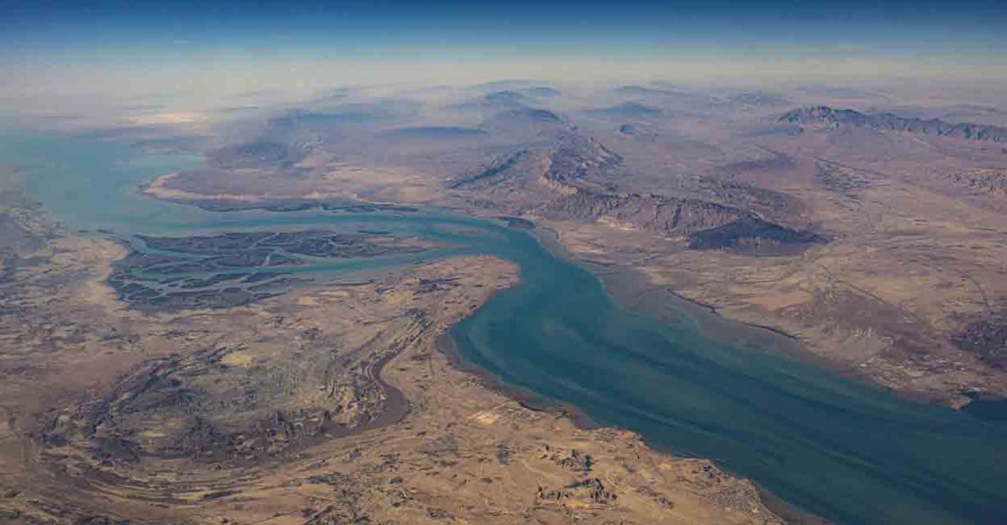 An aerial view of the Iranian shores and the island of Qeshm in the strait of Hormuz, December 10, 2023. File Photo: REUTERS/Stringer