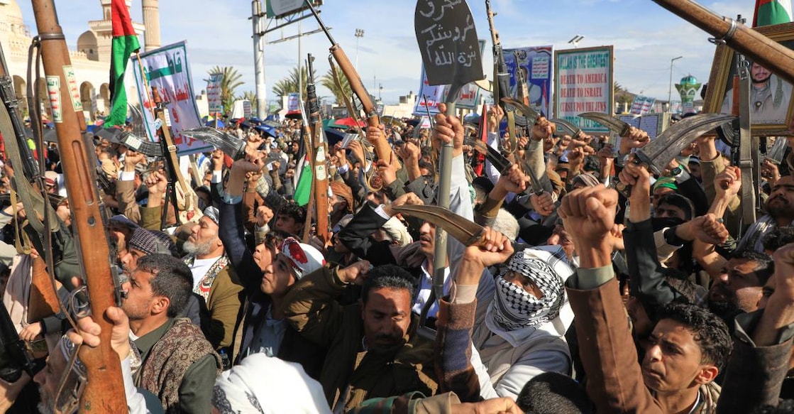 Houthi supporters shout slogans during a rally against Israel and the United States' war in Iran, in Sanaa, Yemen. Photo: AFP