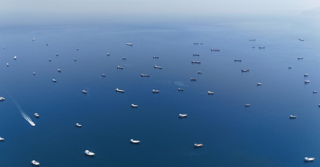 A drone view of vessels anchored in the Strait of Hormuz as seen from Musandam, Oman, June 8, 2026. Photo: REUTERS/Stringer