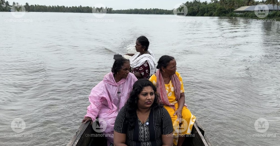 Thamburu, her grandmother Vilasini, and aunt Ragini on their way to fish as her mother Vanaja rides the boat. Photo: Onmanorama